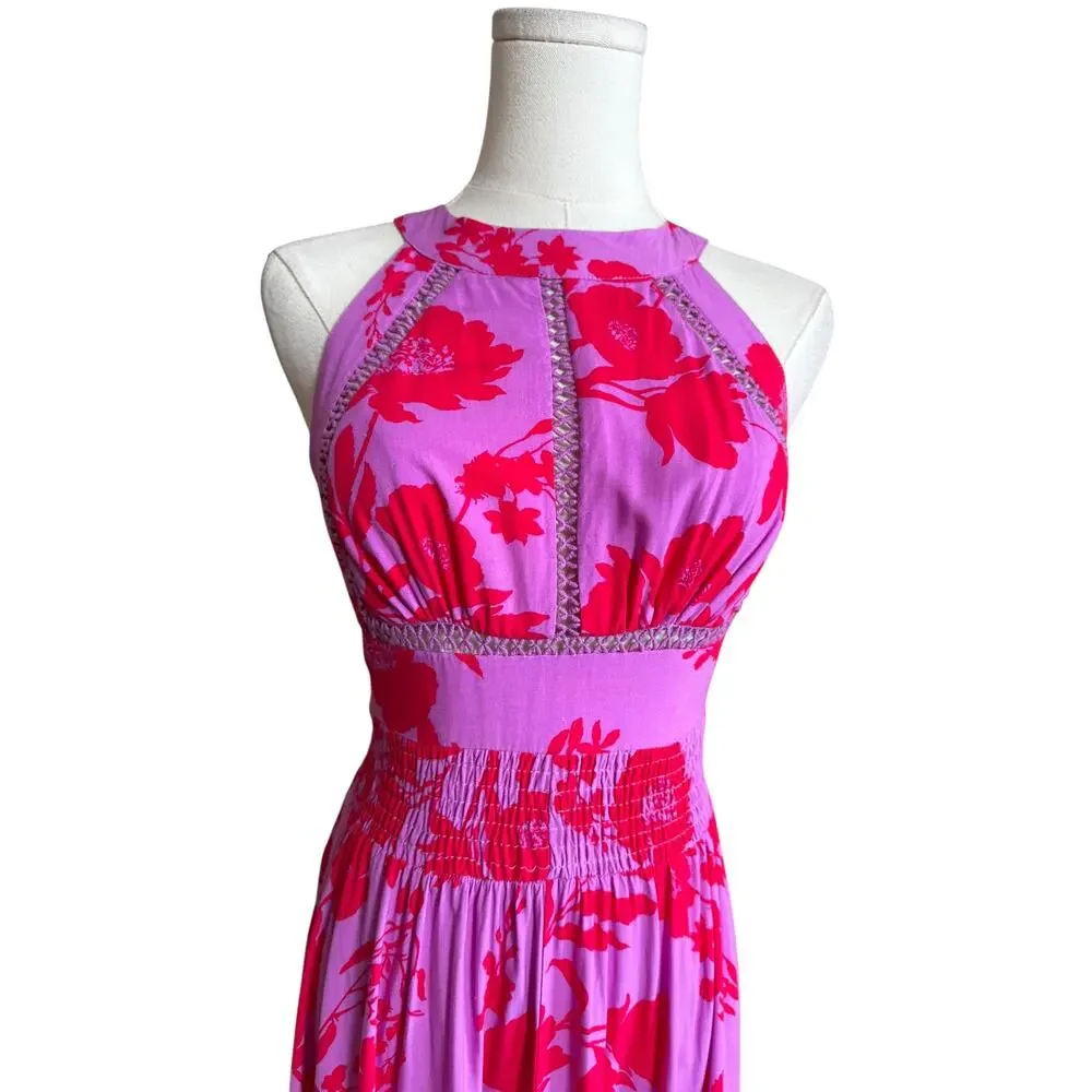 ABEL THE LABEL Anthropologie NEW Pink Red Floral Halter Maxi Dress XS Sleeveless - Picture 5 of 10